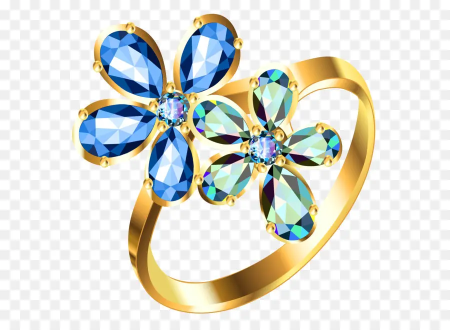 Bague Fleur En Pierres Précieuses Bleues，Bande D'or PNG