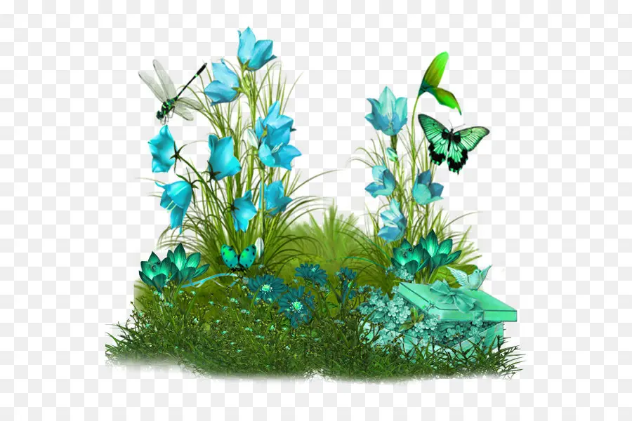 Fleurs Bleues，Papillon PNG