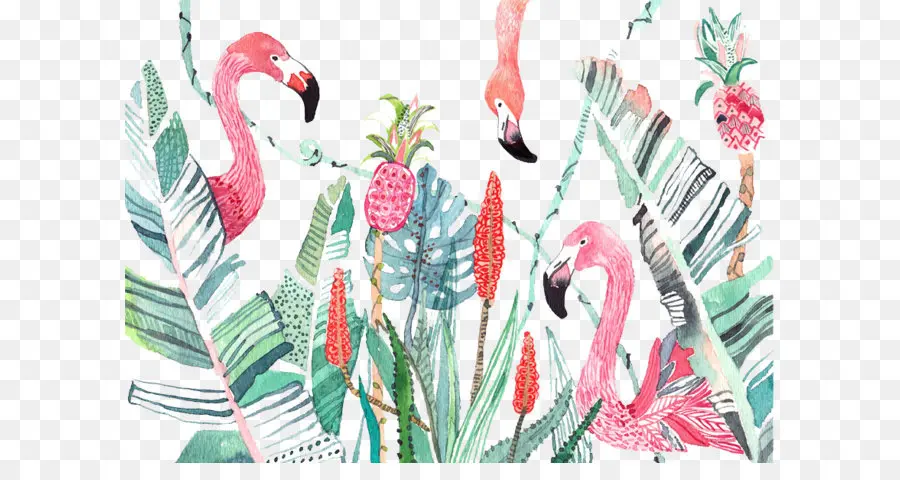 Flamants Roses Et Plantes Tropicales，Oiseaux PNG