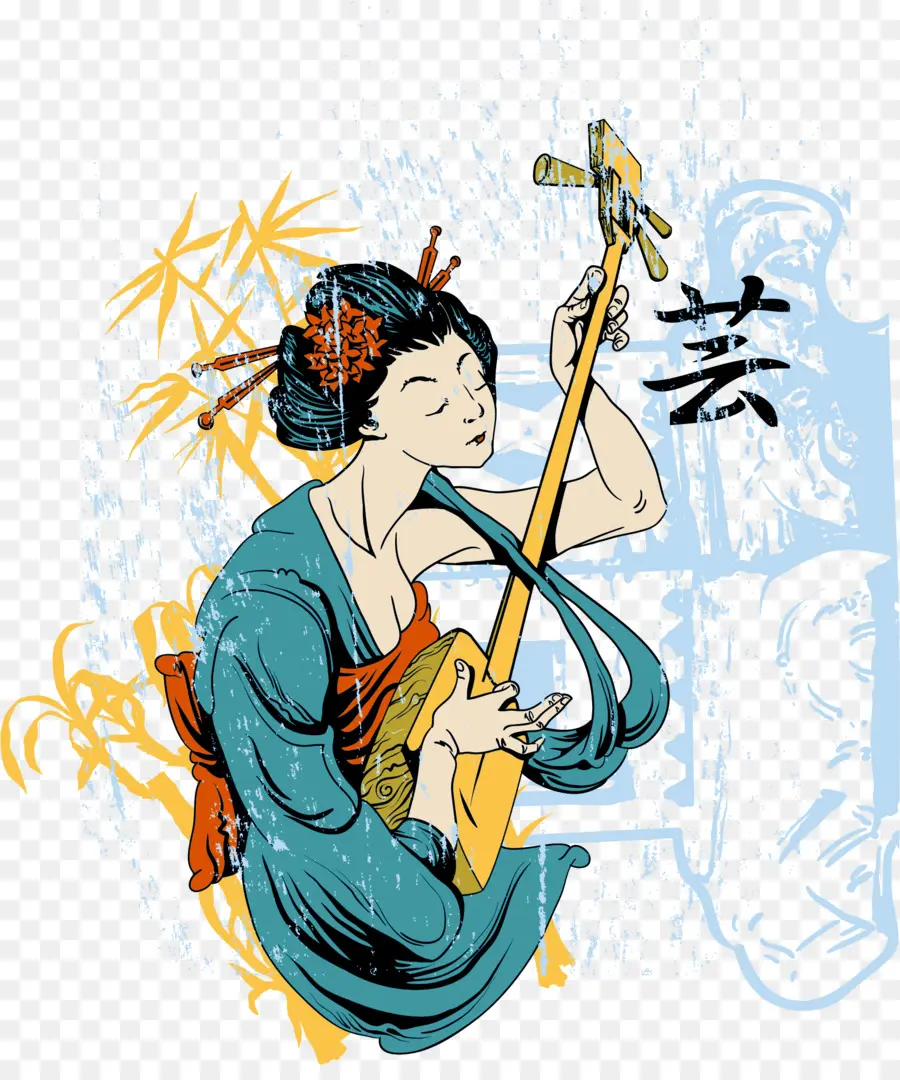 Geisha Jouant Du Shamisen，Japonais PNG