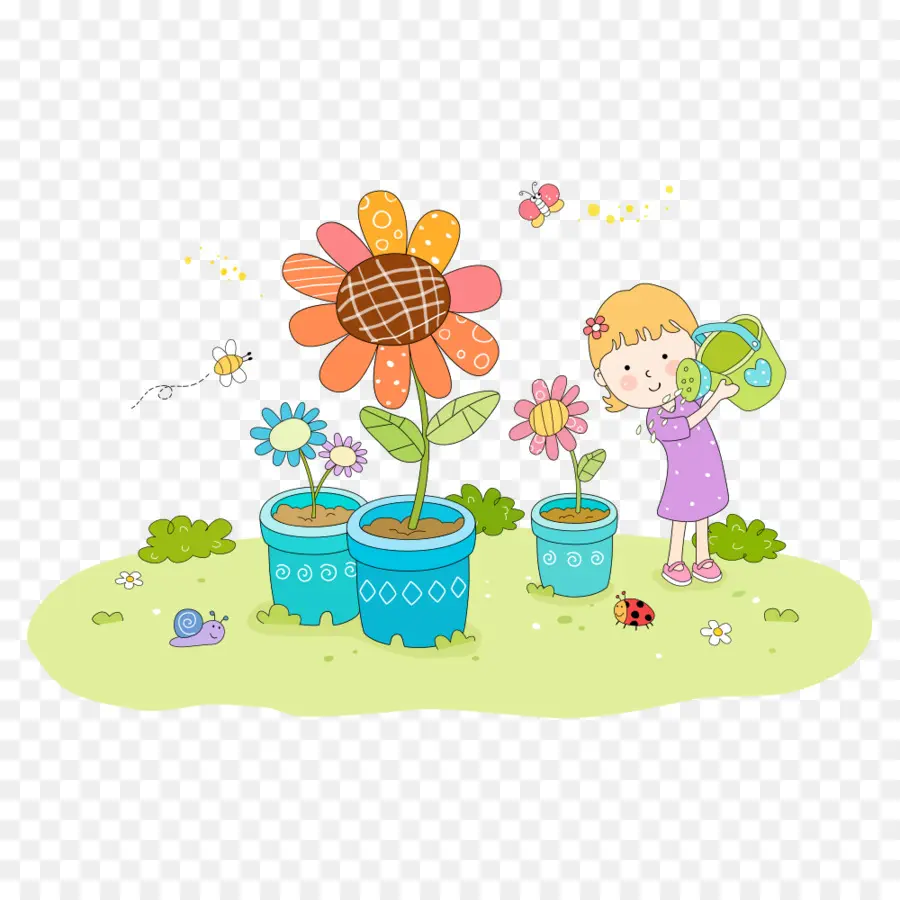 Fille Arrosant Les Plantes，Fleurs PNG