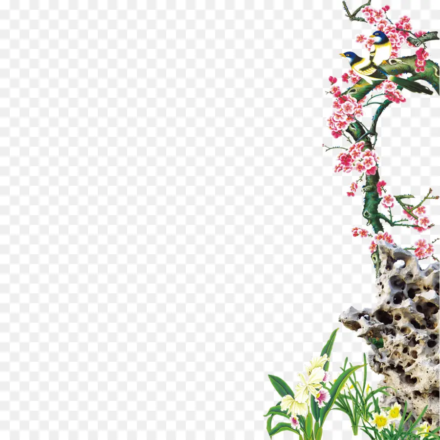 Oiseaux Et Fleurs，Bifurquer PNG