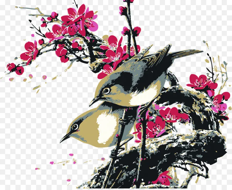 Oiseaux Sur Branche，Fleurs PNG