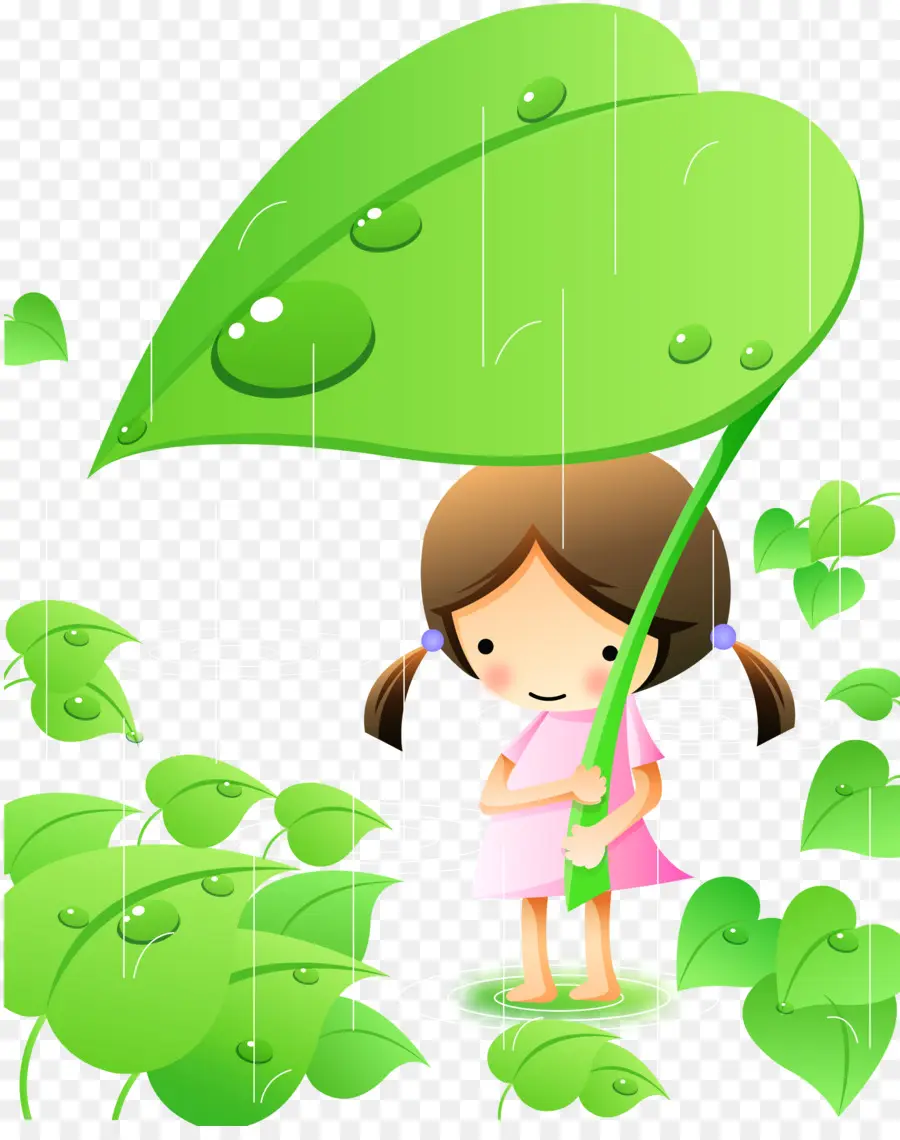 Fille Avec Parapluie Feuille，Pluie PNG