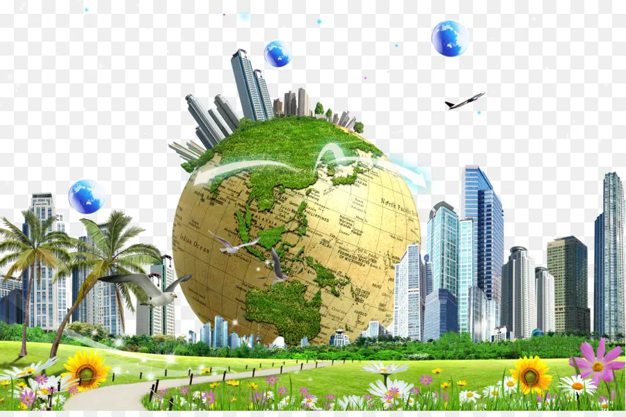 Globe Vert Avec Paysage Urbain，Ville PNG