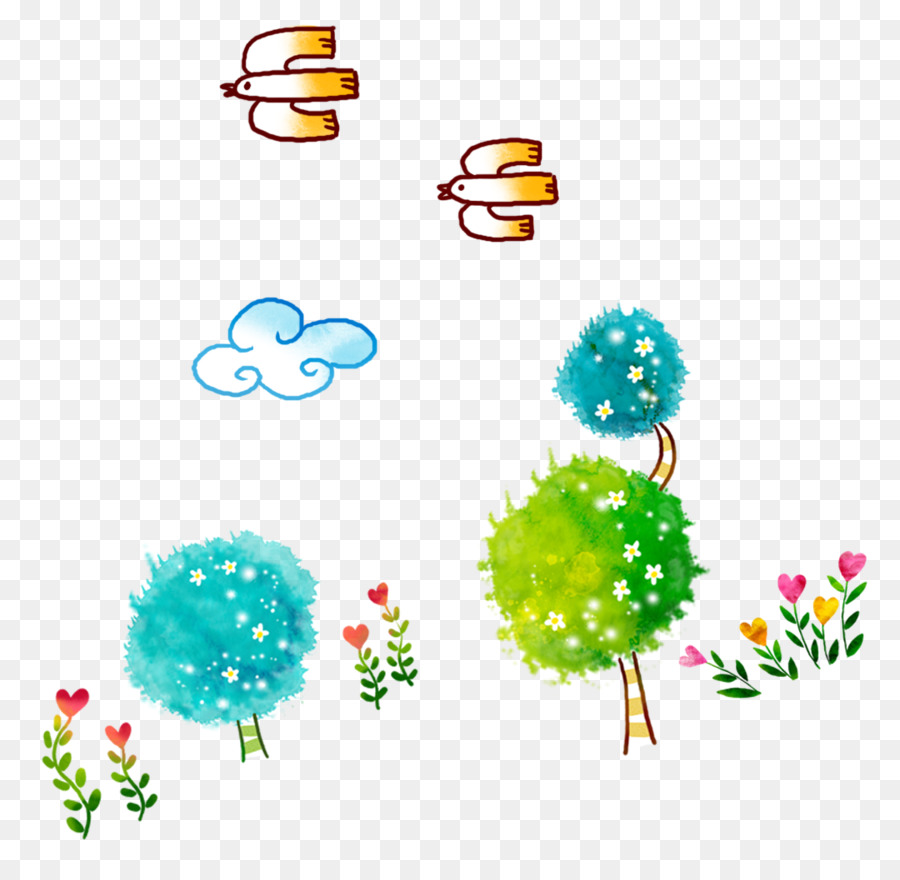 Arbres Et Oiseaux Colorés，Nuage PNG