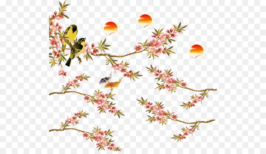 Oiseaux Sur Des Branches De Fleurs De Cerisier，Fleurs PNG