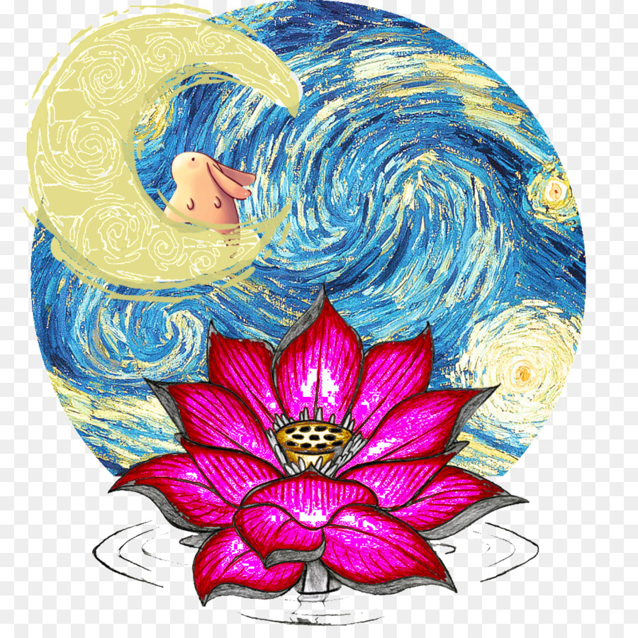 Fleur De Lotus Rose，Lune PNG