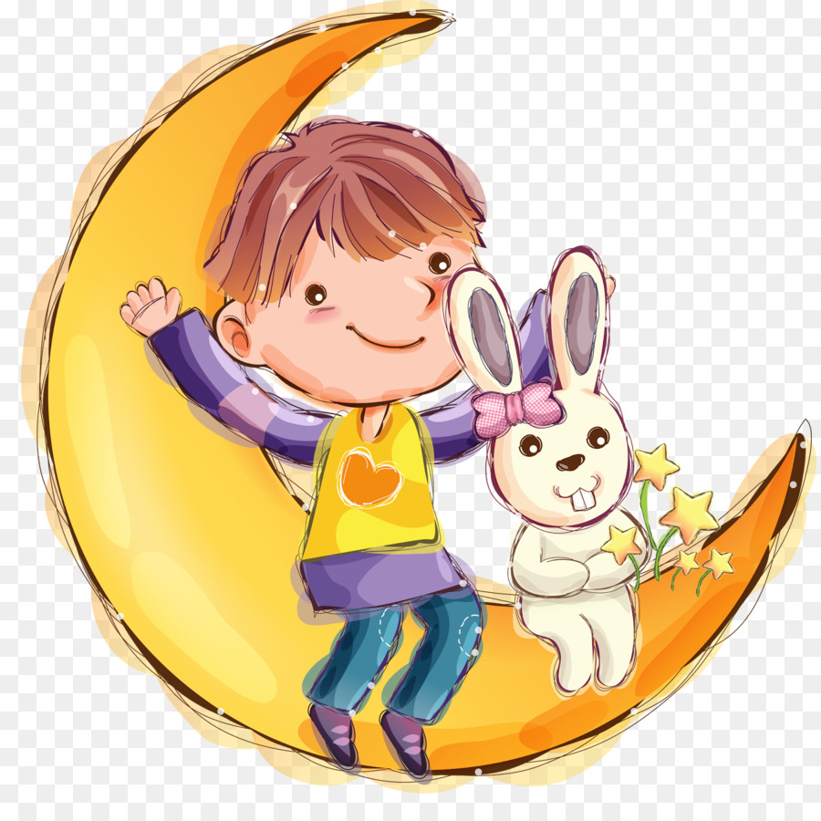 Enfant Et Lapin，Lune PNG