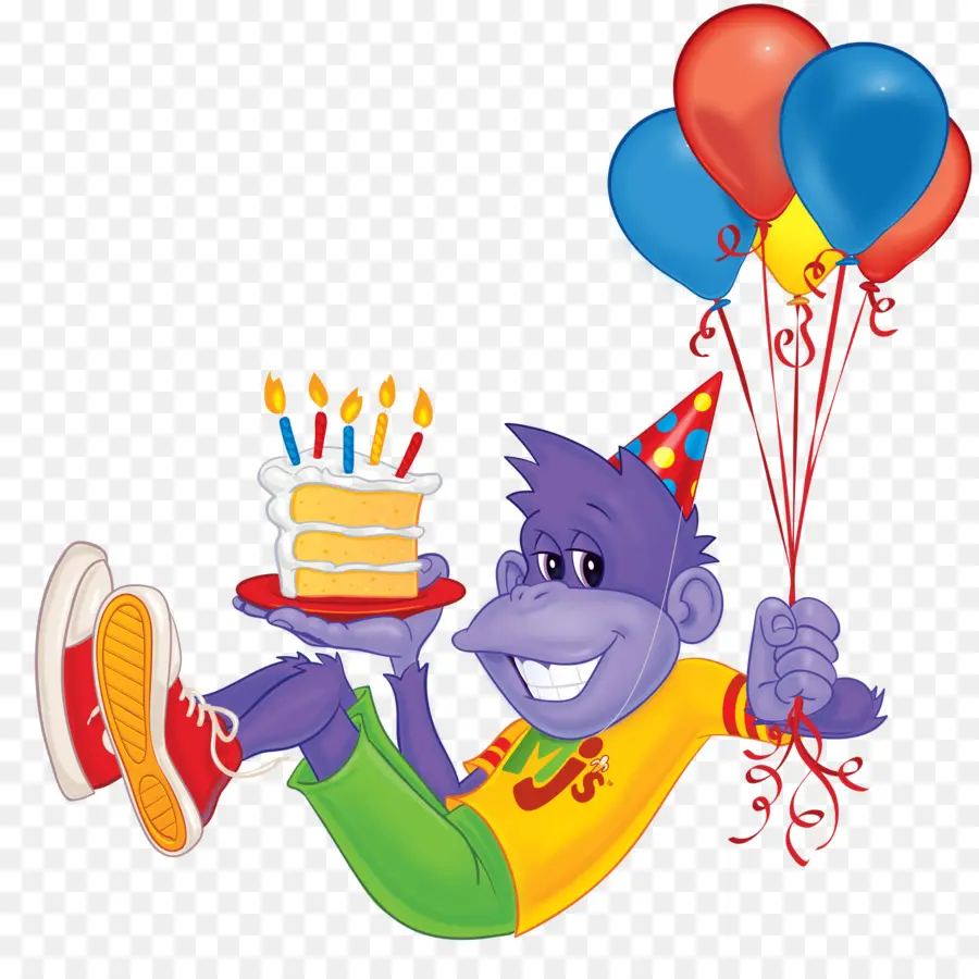 Singe De Dessin Animé Avec Gâteau Et Ballons，Singe PNG