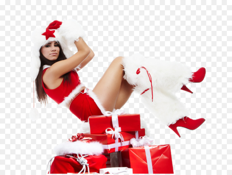 Femme En Tenue De Père Noël，Cadeaux PNG