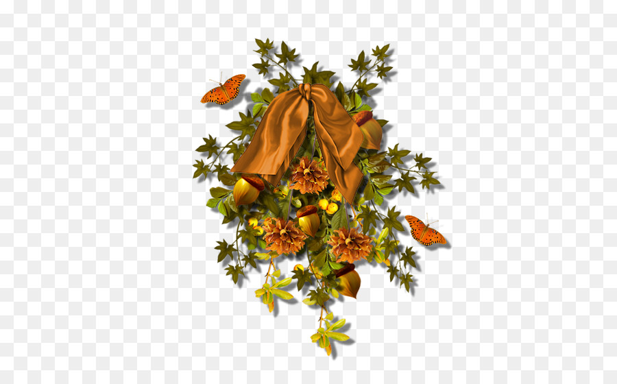 Ruban Orange Et Fleurs，Papillons PNG