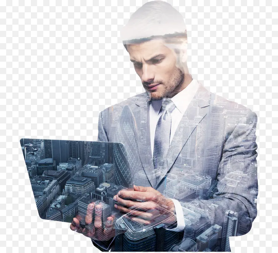 Homme Avec Ordinateur Portable Et Superposition De Ville，Technologie PNG