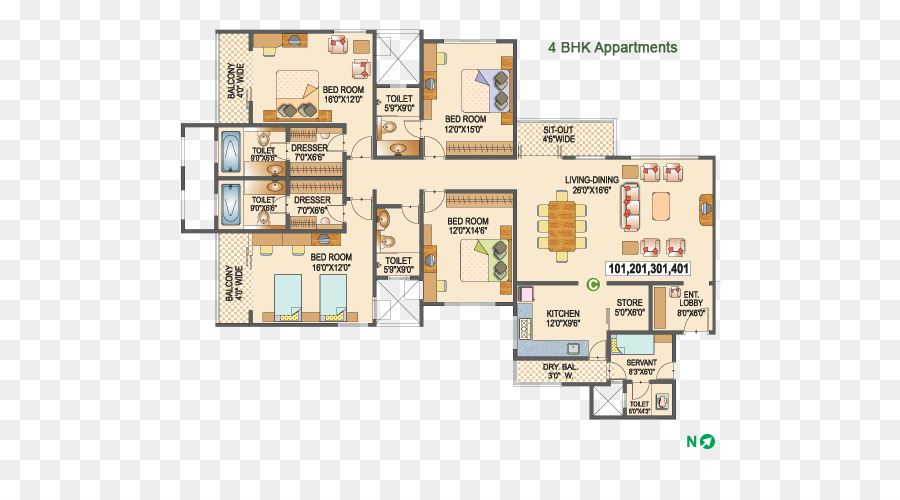 Disposition De L'appartement，4 Bhk PNG