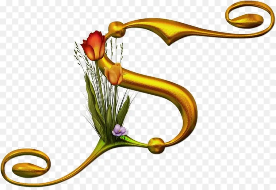 Lettre Dorée R，Fleurs PNG