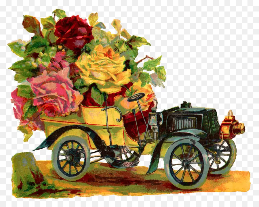 Voiture Ancienne，Fleurs PNG