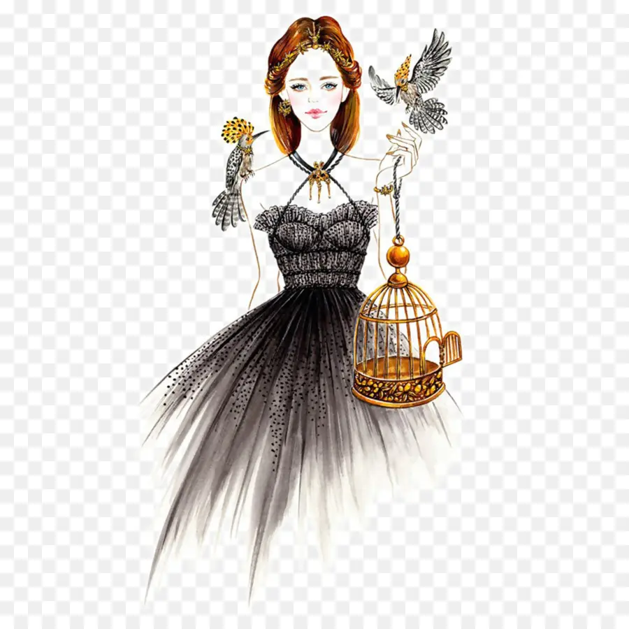 Fille Avec Des Oiseaux，Cage PNG