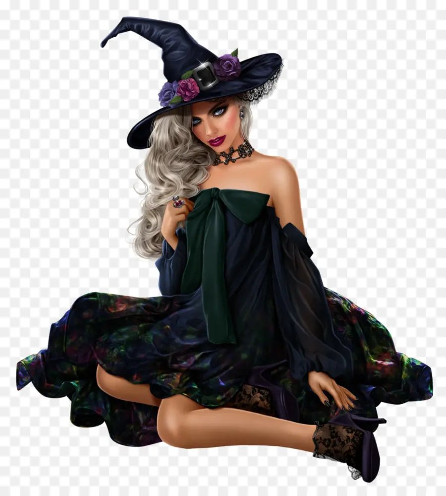 Sorcière En Robe Verte，Halloween PNG