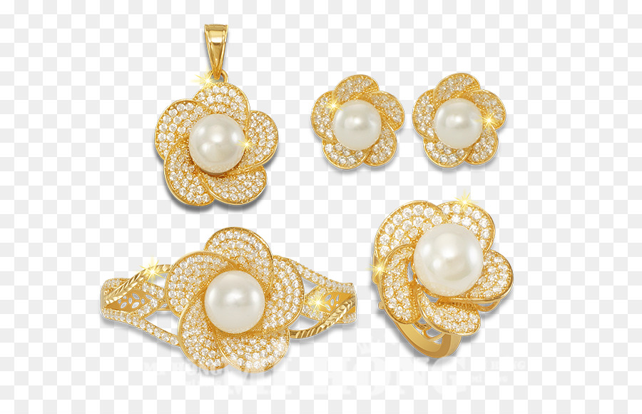 Ensemble De Bijoux En Perles D'or，Boucles D'oreilles PNG