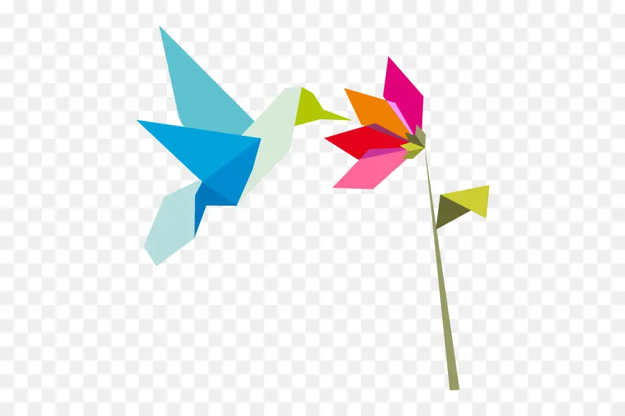 Colibri En Origami，Fleur PNG