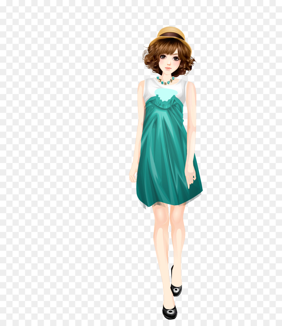 Fille De Dessin Animé En Robe Verte，Mode PNG