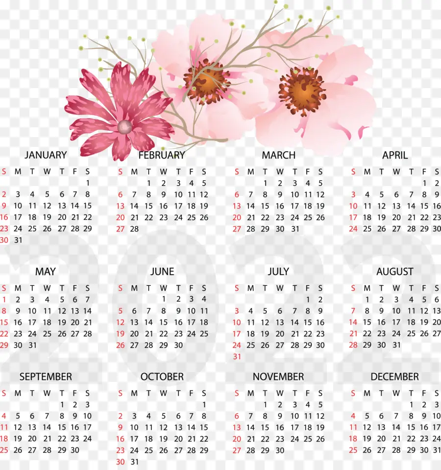 Calendrier 2022 Avec Fleurs Roses，Fleurs Roses PNG