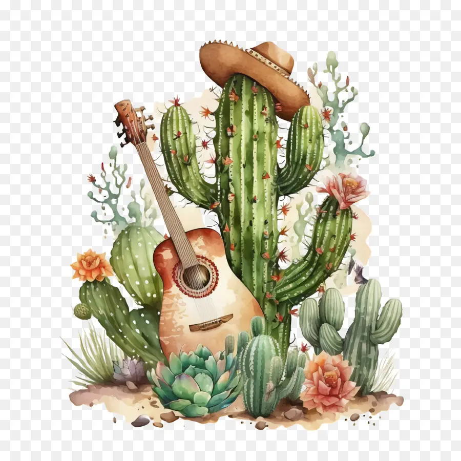 Cinco De Mayo，Cactus Avec Guitare PNG