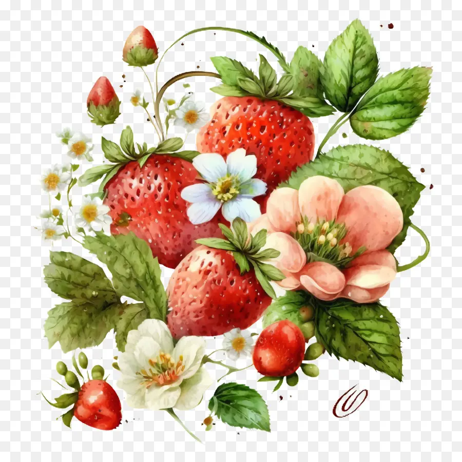 Aquarelle Fraises，Aquarelle Fleurs PNG