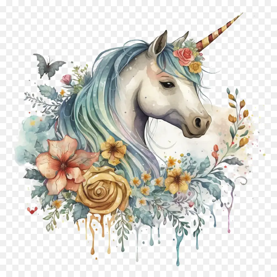 Aquarelle Licorne，Fleurs PNG