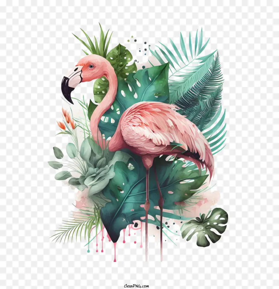 Flamant Rose Surréaliste，Feuilles Tropicales PNG