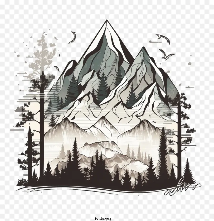 Doodle Mountain，Montagne Avec Des Pins PNG