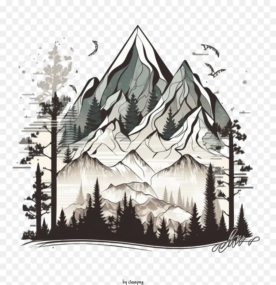 Doodle Montagne，Montagne Avec Des Pins PNG