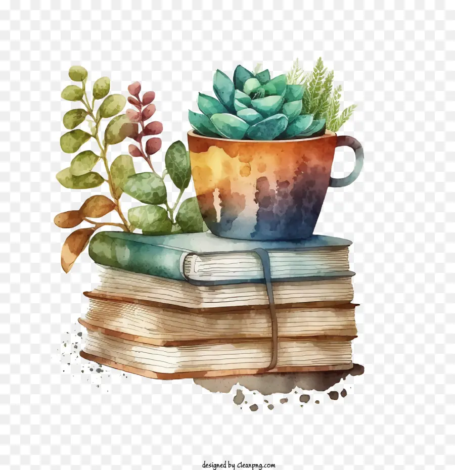 Pile De Livres Aquarelle，Livres Et Plantes PNG