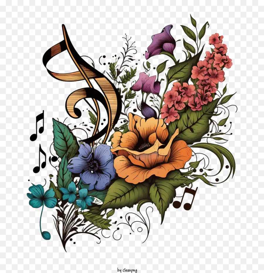 Note De Musique Avec Des Fleurs，Note De Musique PNG