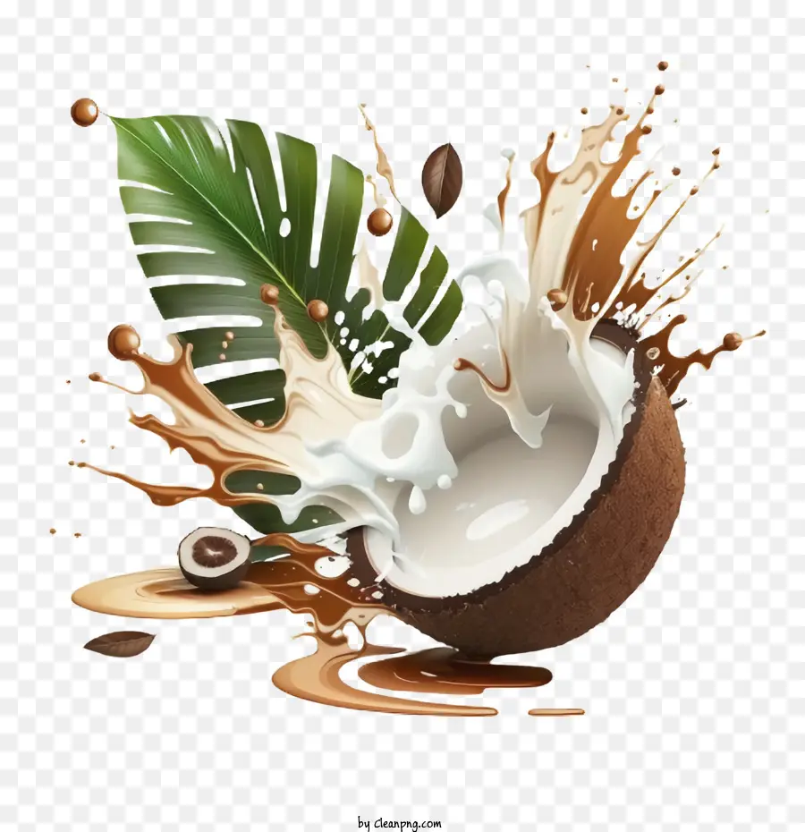 Éclaboussure De Noix De Coco，Noix De Coco Aux Feuilles De Palmier PNG