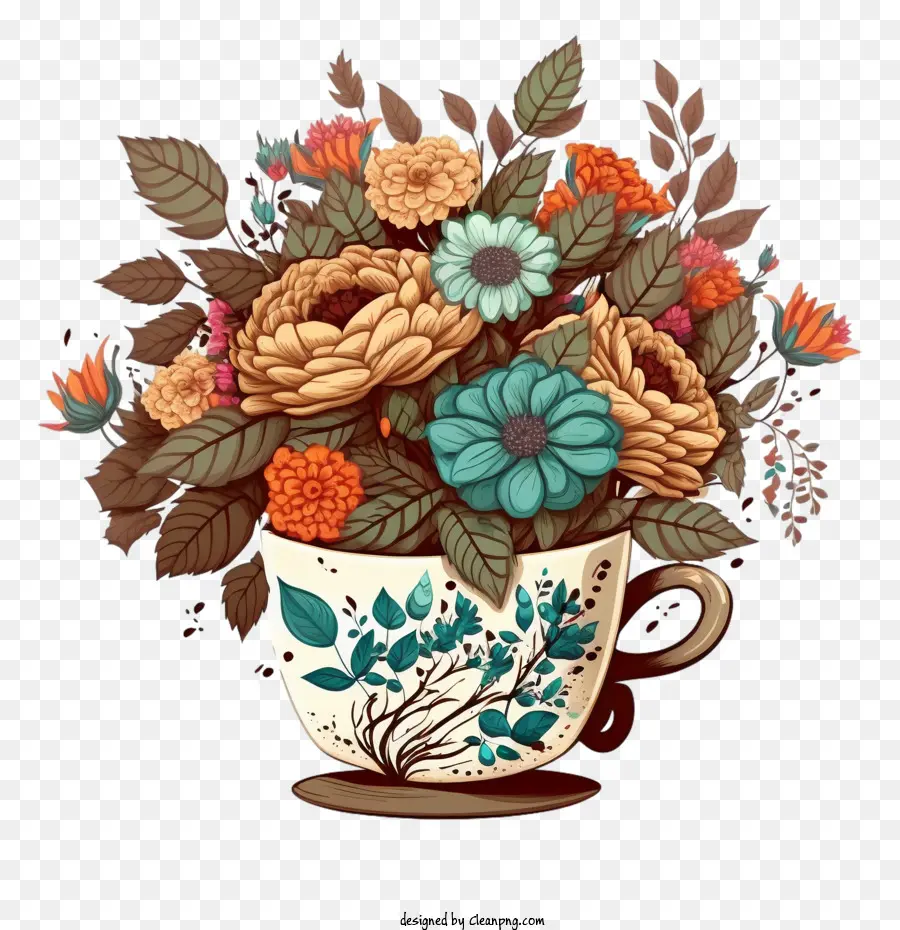 Tasse à Café De Dessin Animé，Tasse à Café Avec Des Fleurs PNG