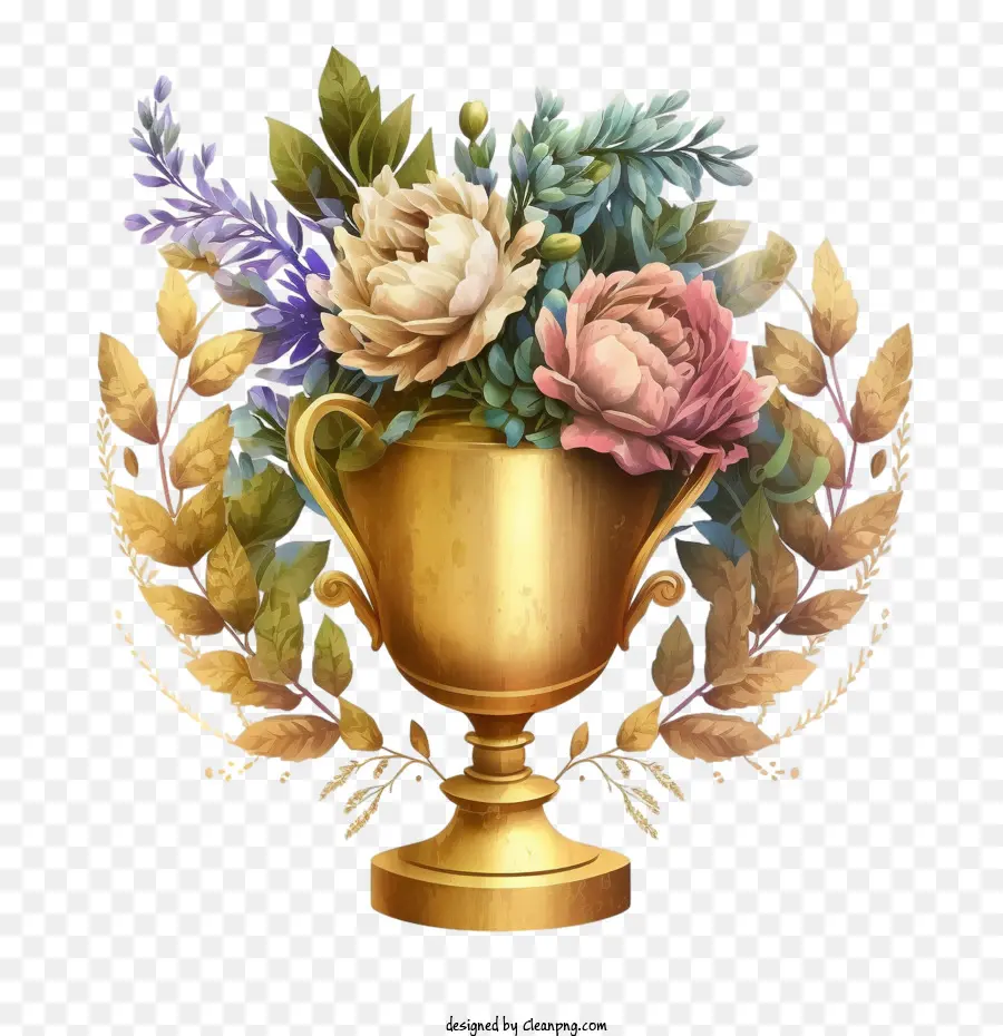 Trophée D'or De La Coupe Du，Tasse De Trophée Avec Fleur PNG