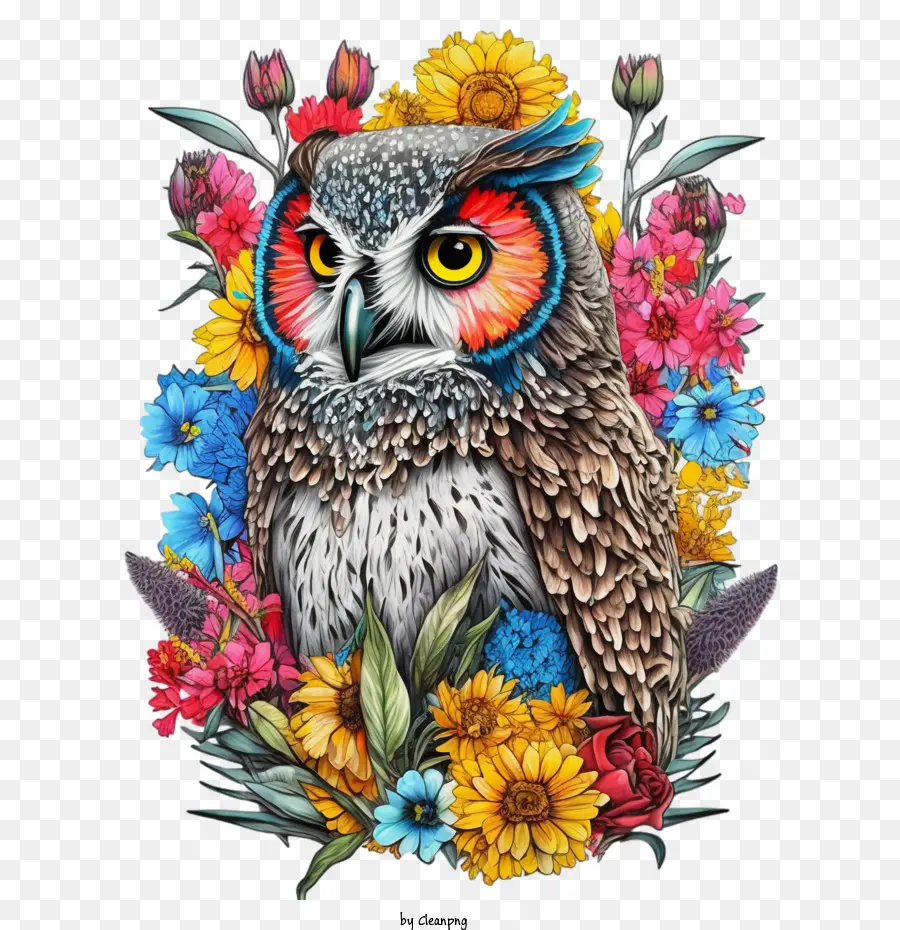 Chouette Pop Art，Hibou Avec Des Fleurs PNG