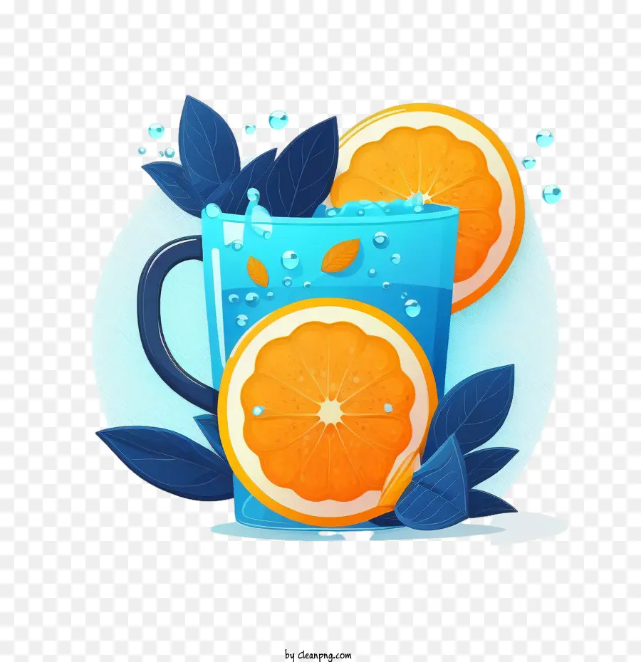 Du Jus D'orange，Tranches D'orange Et Tasse Bleue PNG