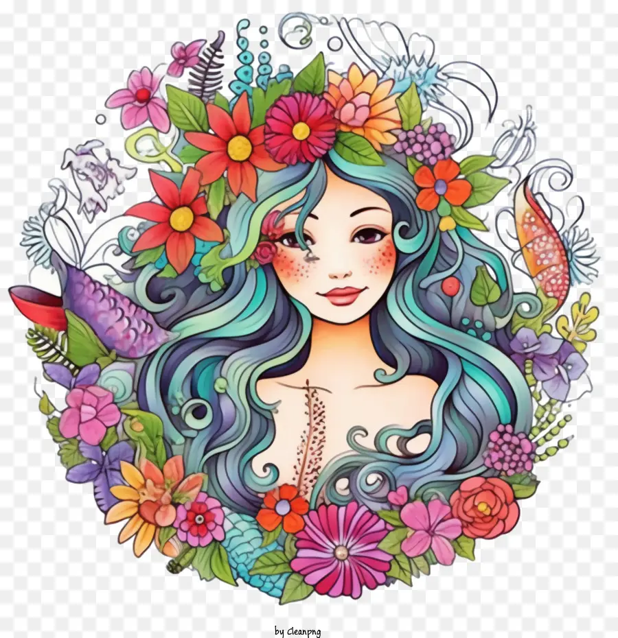 Sirène Mignonne，Femme Avec Des Fleurs PNG