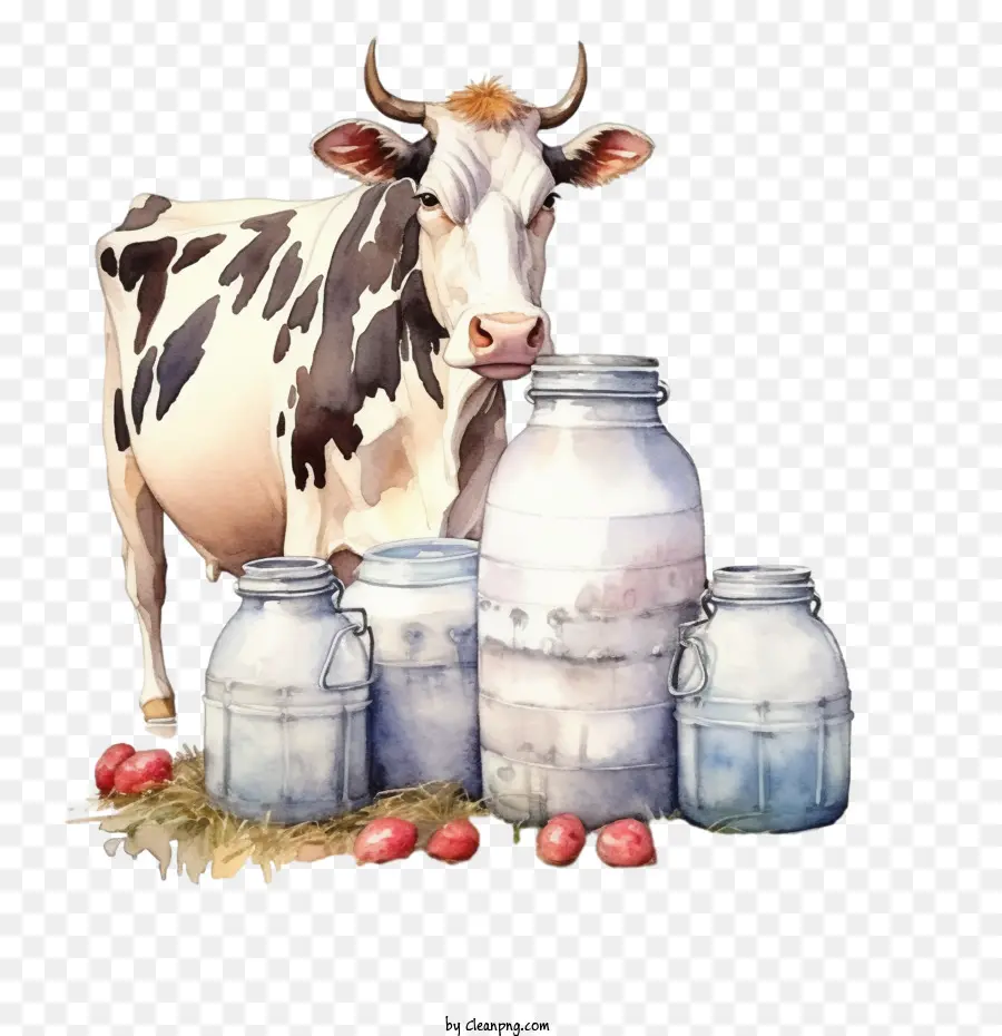 Vache Aquarelle，Bouteilles De Lait PNG