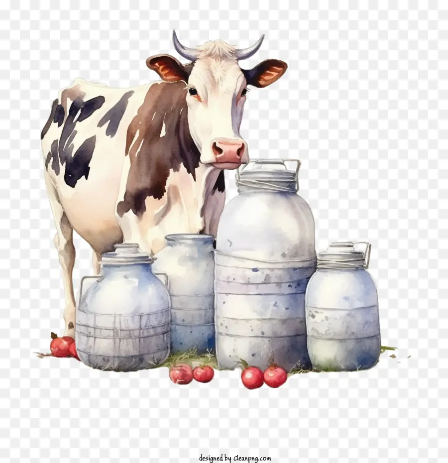 Aquarelle De Vache，Bouteilles De Lait PNG