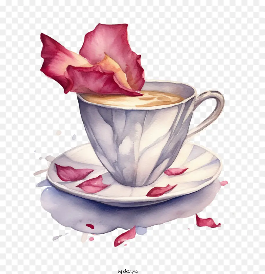 Aquarelle Tasse De Café，Pétales De Rose Volante PNG