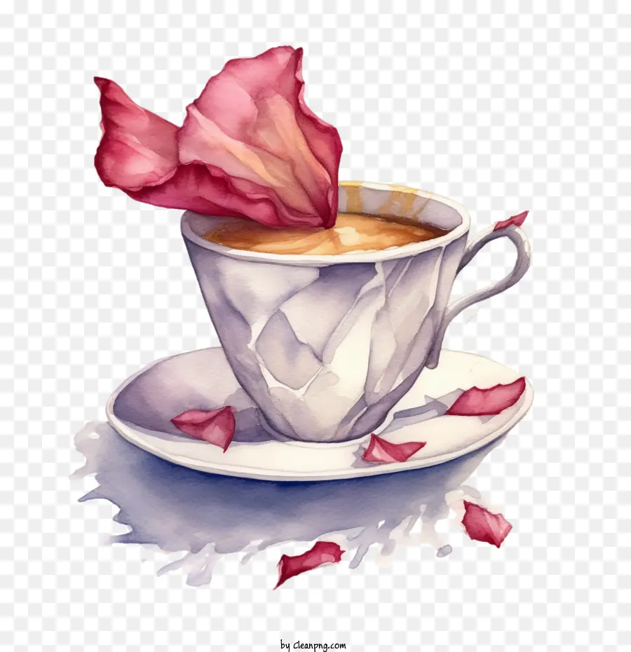 Aquarelle Tasse De Café，Pétales De Rose Volante PNG