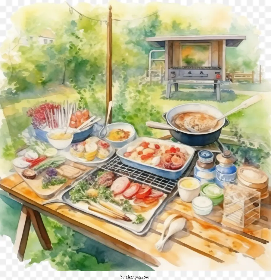 Barbecue D’arrière Cour Aquarelle，Fête En Plein Air PNG