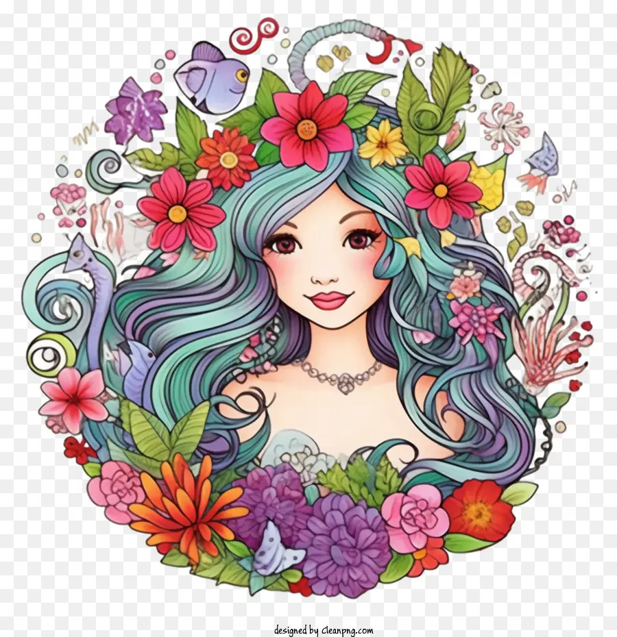 Sirène，Femme Avec Des Fleurs PNG