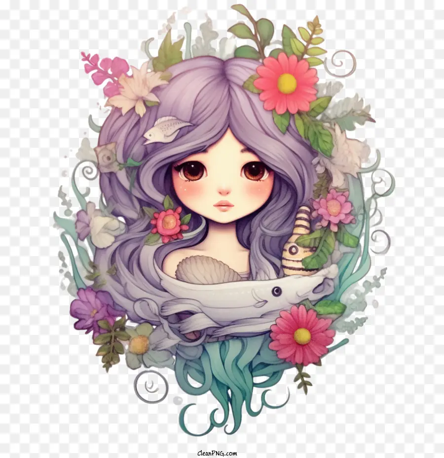 Sirène，Cheveux Violets PNG