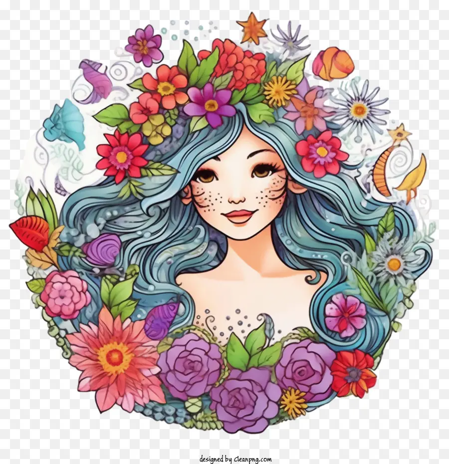 Sirène，Femme Avec Des Fleurs PNG