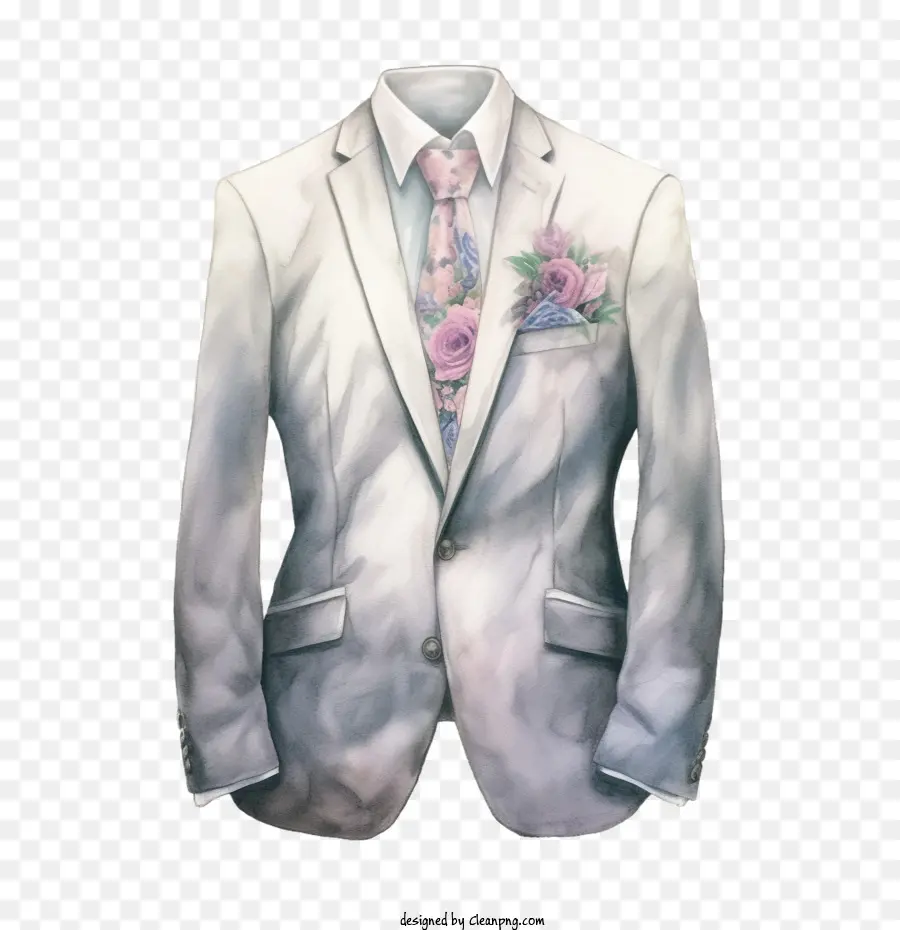 Blazer，Costume Blanc Avec Cravate à Fleurs PNG