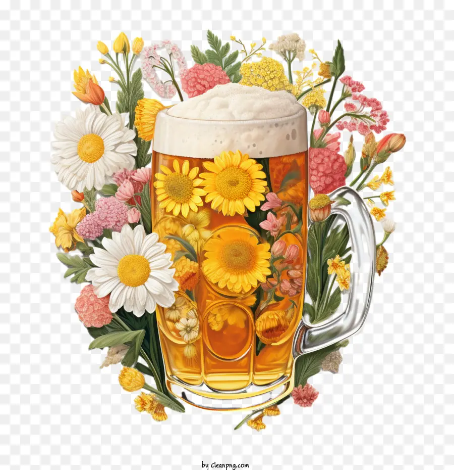 Bière，Bière Avec Des Fleurs PNG